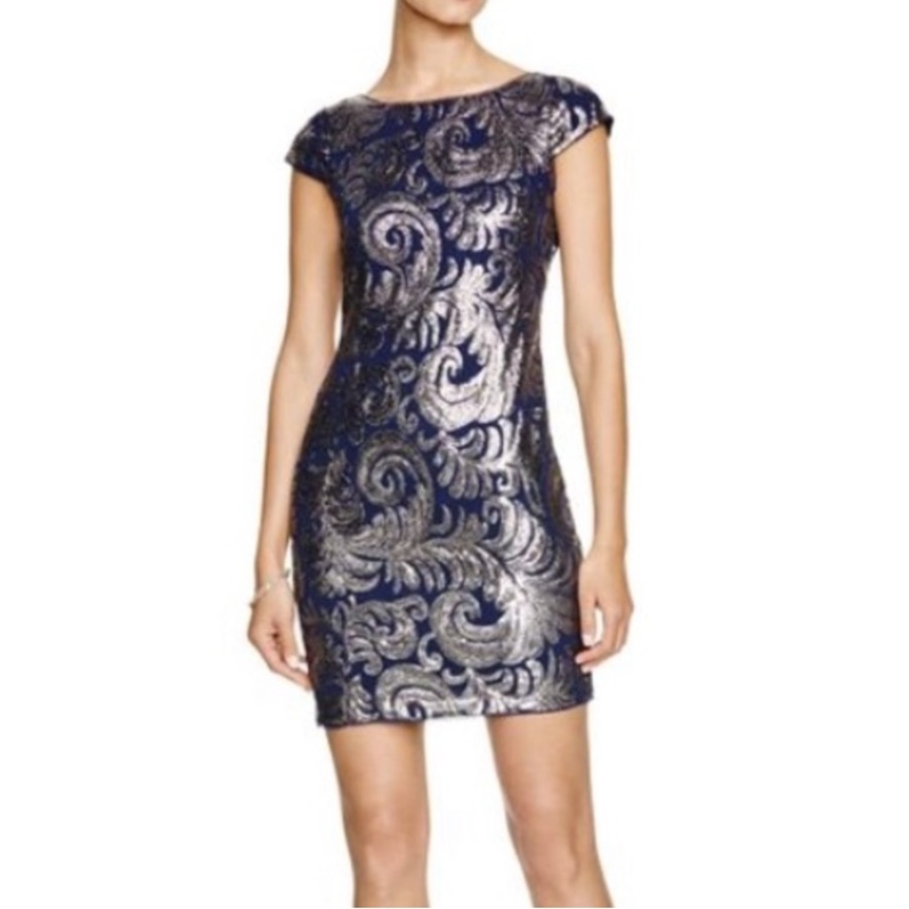 Adrianna Papell Navy and Silver Cocktail Driss
